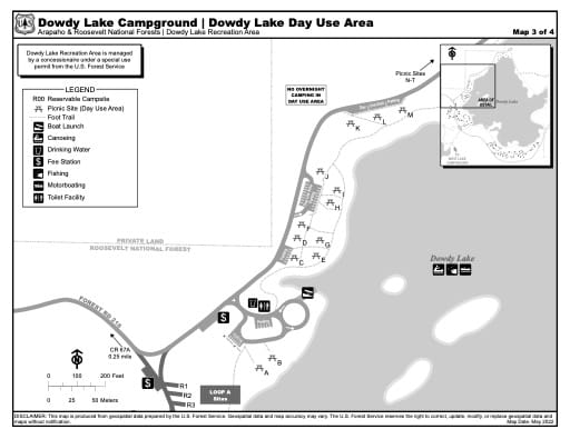 Map of Dowdy Lake Campground and Dowdy Lake Day Use Area - Day Use Area South - in Arapaho and Roosevelt National Forests (NF) and Dowdy Lake Recreation Area (RA) in Colorado. Published by the U.S. Forest Service (USFS).