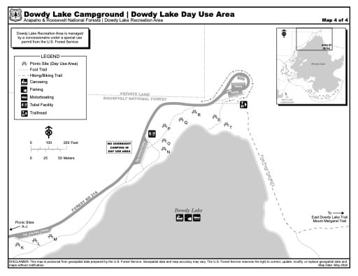 Map of Dowdy Lake Campground and Dowdy Lake Day Use Area - Day Use Area North - in Arapaho and Roosevelt National Forests (NF) and Dowdy Lake Recreation Area (RA) in Colorado. Published by the U.S. Forest Service (USFS).