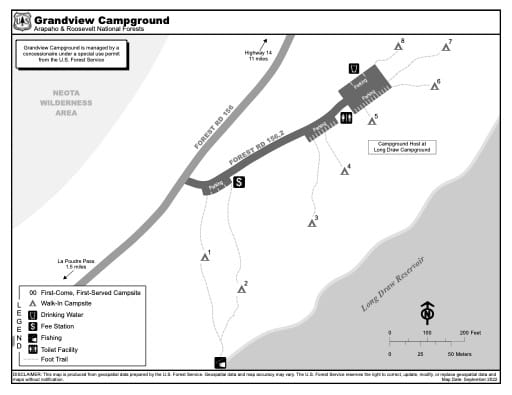 Map of Grandview Campground in Arapaho and Roosevelt National Forests (NF) in Colorado. Published by the U.S. Forest Service (USFS).