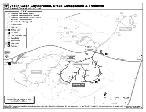 Map of Jacks Gulch Campground in Arapaho and Roosevelt National Forests (NF) in Colorado. Published by the U.S. Forest Service (USFS).