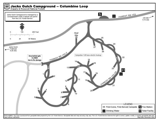 Map of Jacks Gulch Campground - Columbine Loop - in Arapaho and Roosevelt National Forests (NF) in Colorado. Published by the U.S. Forest Service (USFS).