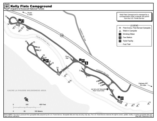 Map of Kelly Flats Campground in Arapaho and Roosevelt National Forests (NF) in Colorado. Published by the U.S. Forest Service (USFS).