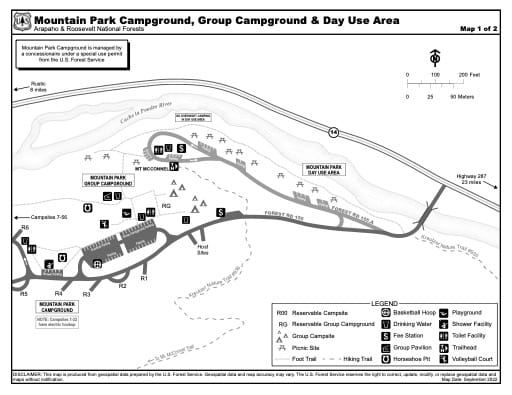 Map of Mountain Park Campground, Group Campground and Day Use Area in Arapaho and Roosevelt National Forests (NF) in Colorado. Published by the U.S. Forest Service (USFS).