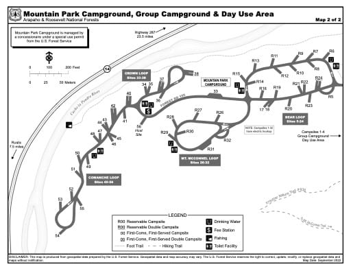 Map of Mountain Park Campground, Group Campground and Day Use Area in Arapaho and Roosevelt National Forests (NF) in Colorado. Published by the U.S. Forest Service (USFS).