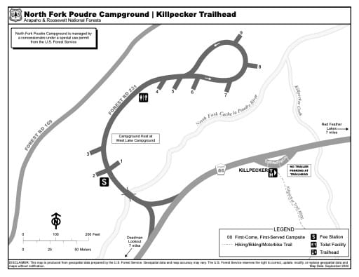 Map of North Fork Poudre Campground and Killpecker Trailhead in Arapaho and Roosevelt National Forests (NF) in Colorado. Published by the U.S. Forest Service (USFS).