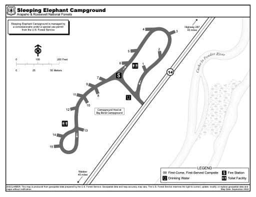 Map of Sleeping Elephant Campground in Arapaho and Roosevelt National Forests (NF) in Colorado. Published by the U.S. Forest Service (USFS).