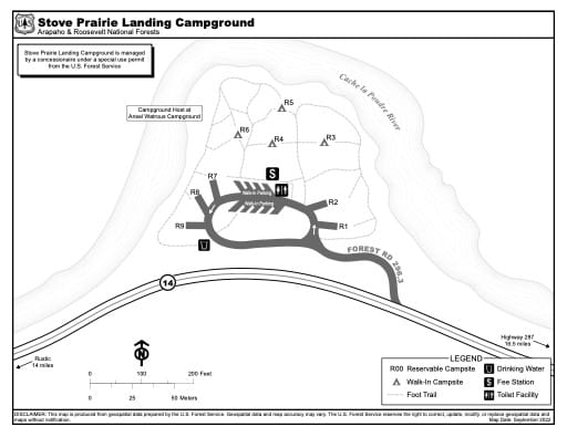 Map of Stove Prairie Landing Campground in Arapaho and Roosevelt National Forests (NF) in Colorado. Published by the U.S. Forest Service (USFS).