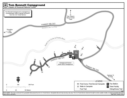 Map of Tom Bennett Campground in Arapaho and Roosevelt National Forests (NF) in Colorado. Published by the U.S. Forest Service (USFS).
