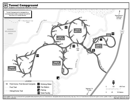 Map of Tunnel Campground in Arapaho and Roosevelt National Forests (NF) in Colorado. Published by the U.S. Forest Service (USFS).