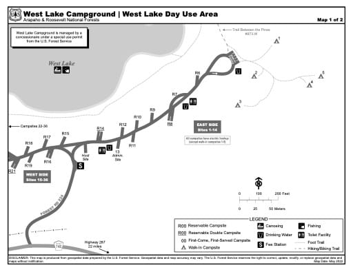 Map of West Lake Campground and West Lake Day Use Area - East - in Arapaho and Roosevelt National Forests (NF) in Colorado. Published by the U.S. Forest Service (USFS).