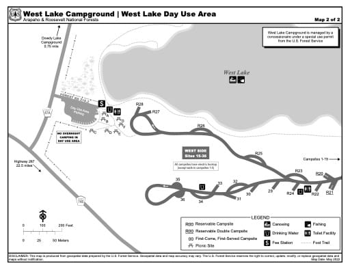 Map of West Lake Campground and West Lake Day Use Area - West - in Arapaho and Roosevelt National Forests (NF) in Colorado. Published by the U.S. Forest Service (USFS).