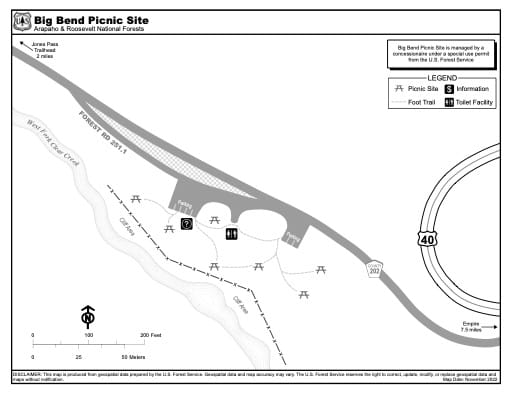 Map of Big Bend Picnic Site in Arapaho and Roosevelt National Forests (NF) in Colorado. Published by the U.S. Forest Service (USFS).