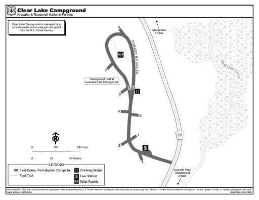 Map of Clear Lake Campground in Arapaho and Roosevelt National Forests (NF) in Colorado. Published by the U.S. Forest Service (USFS).