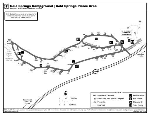 Map of Cold Springs Campground and Cold Springs Picnic Area in Arapaho and Roosevelt National Forests (NF) in Colorado. Published by the U.S. Forest Service (USFS).