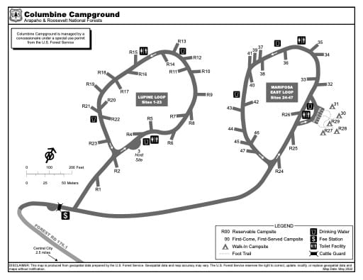 Map of Columbine Campground in Arapaho and Roosevelt National Forests (NF) in Colorado. Published by the U.S. Forest Service (USFS).