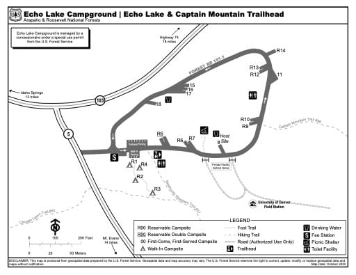 Map of Echo Lake Campground and Echo Lake & Captain Mountain Trailhead in Arapaho and Roosevelt National Forests (NF) in Colorado. Published by the U.S. Forest Service (USFS).