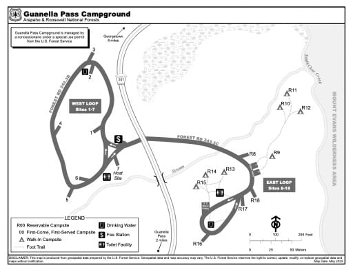 Map of Guanella Pass Campground in Arapaho and Roosevelt National Forests (NF) in Colorado. Published by the U.S. Forest Service (USFS).