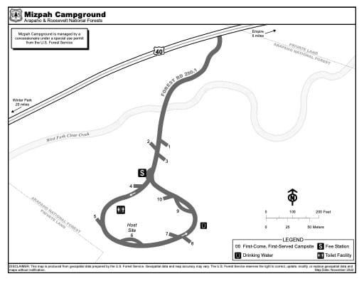 Map of Mizpah Campground in Arapaho and Roosevelt National Forests (NF) in Colorado. Published by the U.S. Forest Service (USFS).