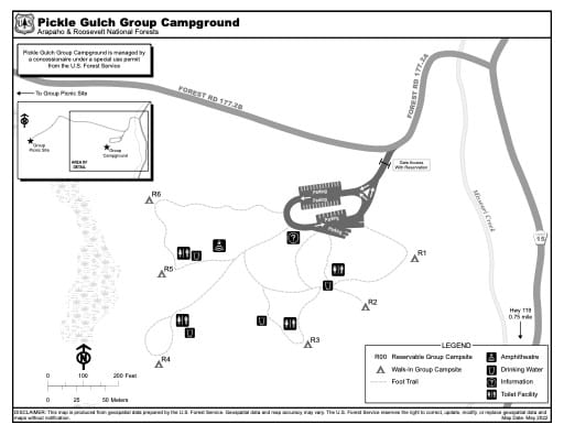 Map of Pickle Gulch Group Campground in Arapaho and Roosevelt National Forests (NF) in Colorado. Published by the U.S. Forest Service (USFS).