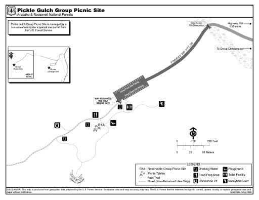 Map of Pickle Gulch Group Picnic Site in Arapaho and Roosevelt National Forests (NF) in Colorado. Published by the U.S. Forest Service (USFS).