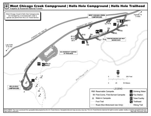 Map of West Chicago Creek Campground, Hells Hole Campground and Hells Hole Trailhead in Arapaho and Roosevelt National Forests (NF) in Colorado. Published by the U.S. Forest Service (USFS).