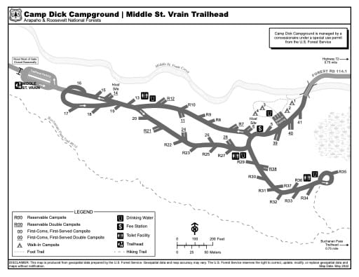 Map of Camp Dick Campground and Middle St. Vrain Trailhead in Arapaho and Roosevelt National Forests (NF) in Colorado. Published by the U.S. Forest Service (USFS).