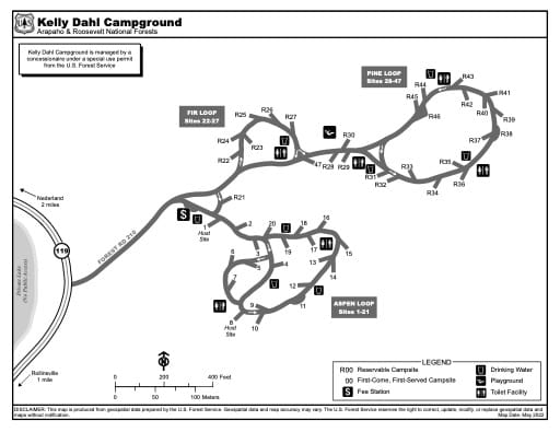 Map of Kelly Dahl Campground in Arapaho and Roosevelt National Forests (NF) in Colorado. Published by the U.S. Forest Service (USFS).