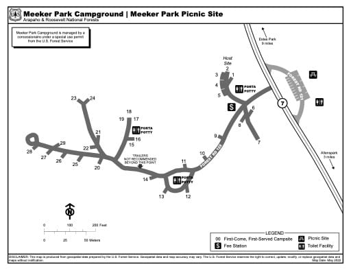 Map of Meeker Park Campground and Meeker Park Picnic Site in Arapaho and Roosevelt National Forests (NF) in Colorado. Published by the U.S. Forest Service (USFS).