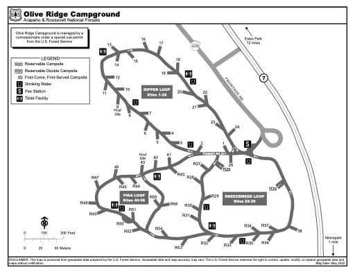 Map of Olive Ridge Campground in Arapaho and Roosevelt National Forests (NF) in Colorado. Published by the U.S. Forest Service (USFS).