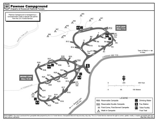 Map of Pawnee Campground in Arapaho and Roosevelt National Forests (NF) in Colorado. Published by the U.S. Forest Service (USFS).