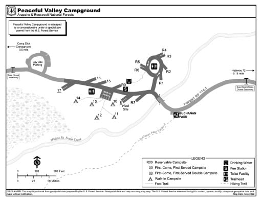 Map of Peaceful Valley Campground in Arapaho and Roosevelt National Forests (NF) in Colorado. Published by the U.S. Forest Service (USFS).