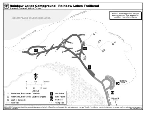 Map of Rainbow Lakes Campground and Rainbow Lakes Trailhead in Arapaho and Roosevelt National Forests (NF) in Colorado. Published by the U.S. Forest Service (USFS).