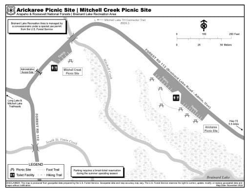 Map of Arickaree Picnic Site and Mitchell Creek Picnic Site in Arapaho and Roosevelt National Forests (NF) and Brainard Lake Recreation Area (RA) in Colorado. Published by the U.S. Forest Service (USFS).