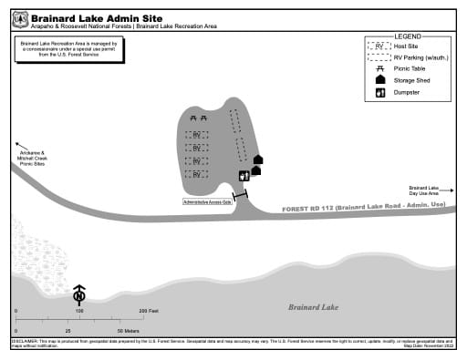 Map of Brainard Lake Admin Site in Arapaho and Roosevelt National Forests (NF) and Brainard Lake Recreation Area (RA) in Colorado. Published by the U.S. Forest Service (USFS).