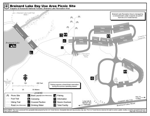 Map of Brainard Lake Day Use Area Picnic Site in Arapaho and Roosevelt National Forests (NF) and Brainard Lake Recreation Area (RA) in Colorado. Published by the U.S. Forest Service (USFS).