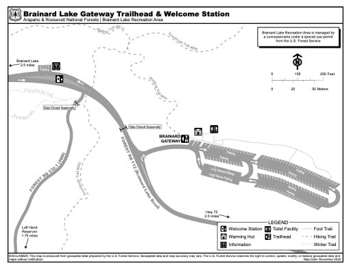 Map of Brainard Lake Gateway Trailhead & Welcome Station in Arapaho and Roosevelt National Forests (NF) and Brainard Lake Recreation Area (RA) in Colorado. Published by the U.S. Forest Service (USFS).