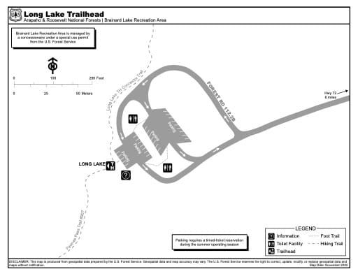 Map of Long Lake Trailhead in Arapaho and Roosevelt National Forests (NF) and Brainard Lake Recreation Area (RA) in Colorado. Published by the U.S. Forest Service (USFS).