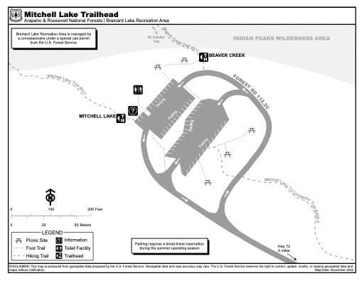 Map of Mitchell Lake Trailhead in Arapaho and Roosevelt National Forests (NF) and Brainard Lake Recreation Area (RA) in Colorado. Published by the U.S. Forest Service (USFS).