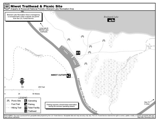 Map of Niwot Trailhead and Picnic Site in Arapaho and Roosevelt National Forests (NF) and Brainard Lake Recreation Area (RA) in Colorado. Published by the U.S. Forest Service (USFS).