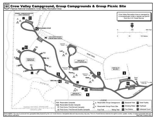 Map of Crow Valley Campground, Group Campgrounds & Group Picnic Site in Pawnee National Grasland (NG). Published by the U.S. Forest Service (USFS).