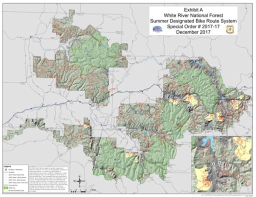 Map of the Summer Designated Bike Route System in White River National Forest (NF) in Colorado. Published by the U.S. Forest Service (USFS).,