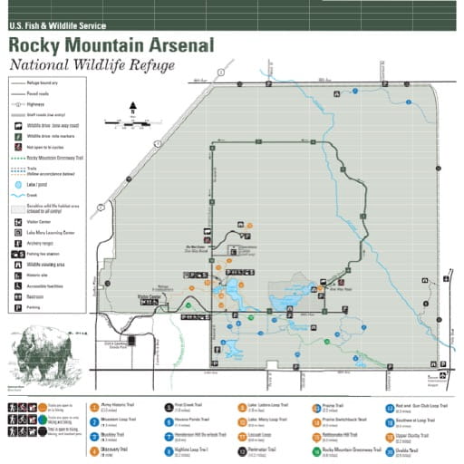 Trails Map of Rocky Mountain Arsenal National Wildlife Refuge (NWR) in Colorado. Published by the U.S. Fish & Wildlife Service (USFWS).