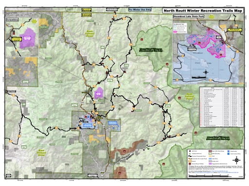 North Routt Winter Recreation Trails Map at Routt National Forest (NF) in Colorado. Published by the Northwest Colorado Snowmobile Club and the U.S. Forest Service (USFS).