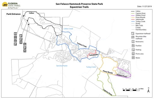 Map of the Equestrian Trails in San Felasco Hammock Preserve State Park (PSP). Published by Florida State Parks.