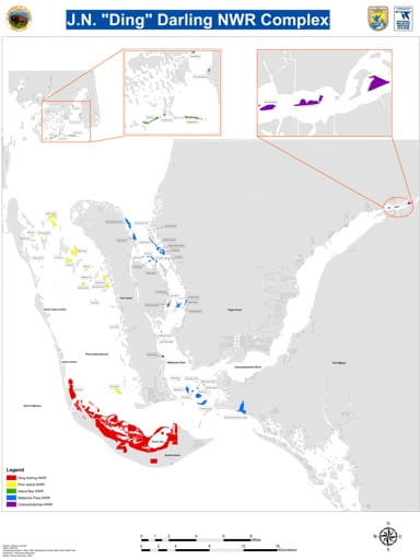 Map of the J.N. 'Ding' Darlng National Wildlife Refuge Complex (NWR), consisting of the Ding Darling NWR, Pine Island NWR, Island Bay NWR, Matlacha Pass NWR, Caloosahatchee NWR. Published by the U.S. Fish & Wildlife Service (USFWS).