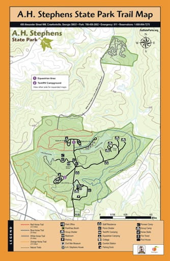 Visitor Map of of A. H. Stephens State Park (SP) in Georgia. Published by Georgia State Parks & Historic Sites.