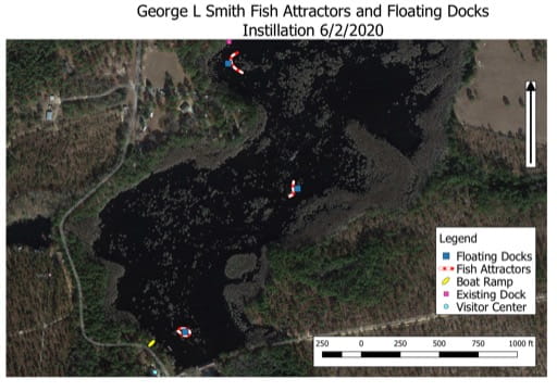 Fish Attractors and Floating Docks Installation Map of George L Smith State Park (SP) in Georgia. Published by Georgia State Parks & Historic Sites.