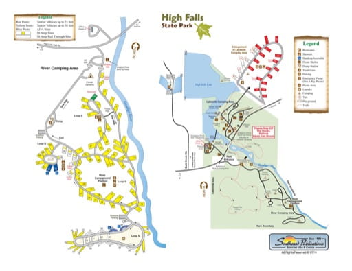 Visitor Map of High Falls State Park (SHP) in Georgia. Published by Georgia State Parks & Historic Sites.