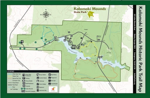 Visitor Map of Kolomoki Mounds State Historic Park (SHP) in Georgia. Published by Georgia State Parks & Historic Sites.