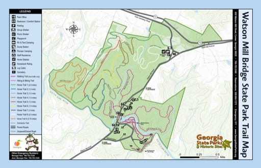 Trails Map of Watson Mill Bridge State Park (SP) in Georgia. Published by Georgia State Parks & Historic Sites.